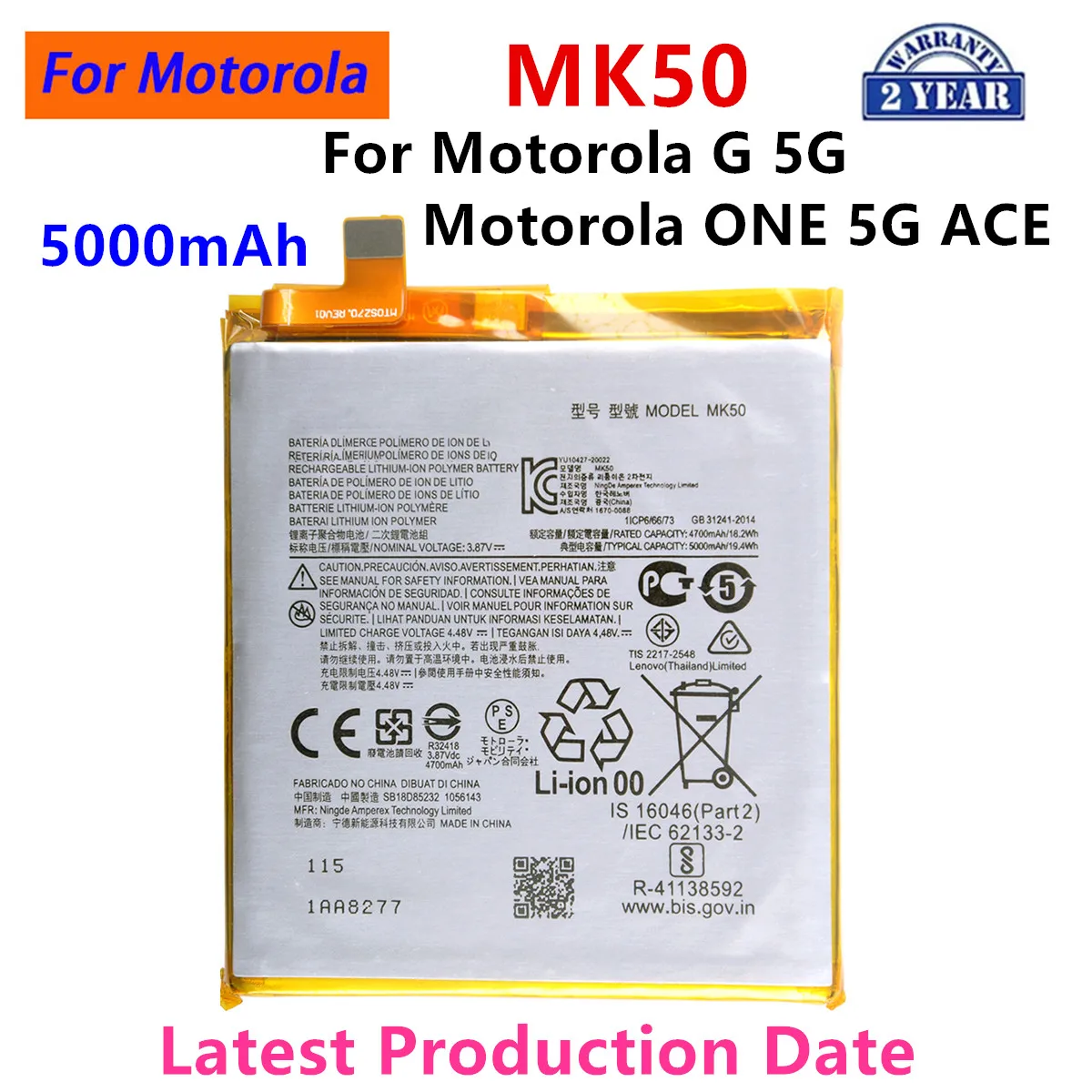 100% Original MK50 5000mAh Battery For Motorola G 5G/ Motorola  ONE 5G ACE  Phone Batteries.