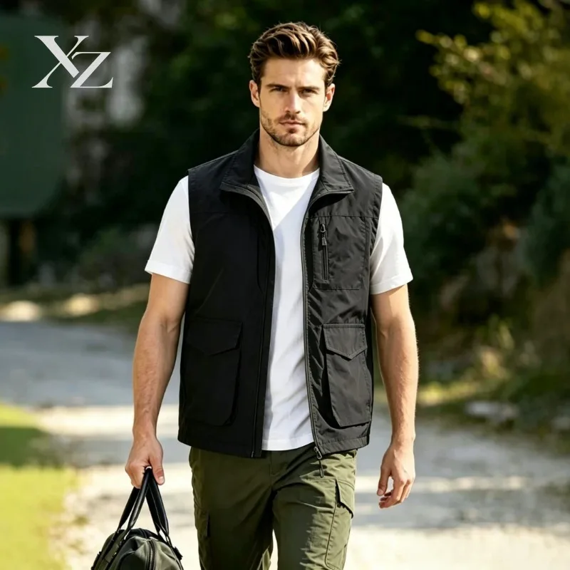Durable Men's Zip Up Utility Vest Multi Pockets Lightweight Outdoor Hiking Fishing Casual Gilet Four Seasons Wear