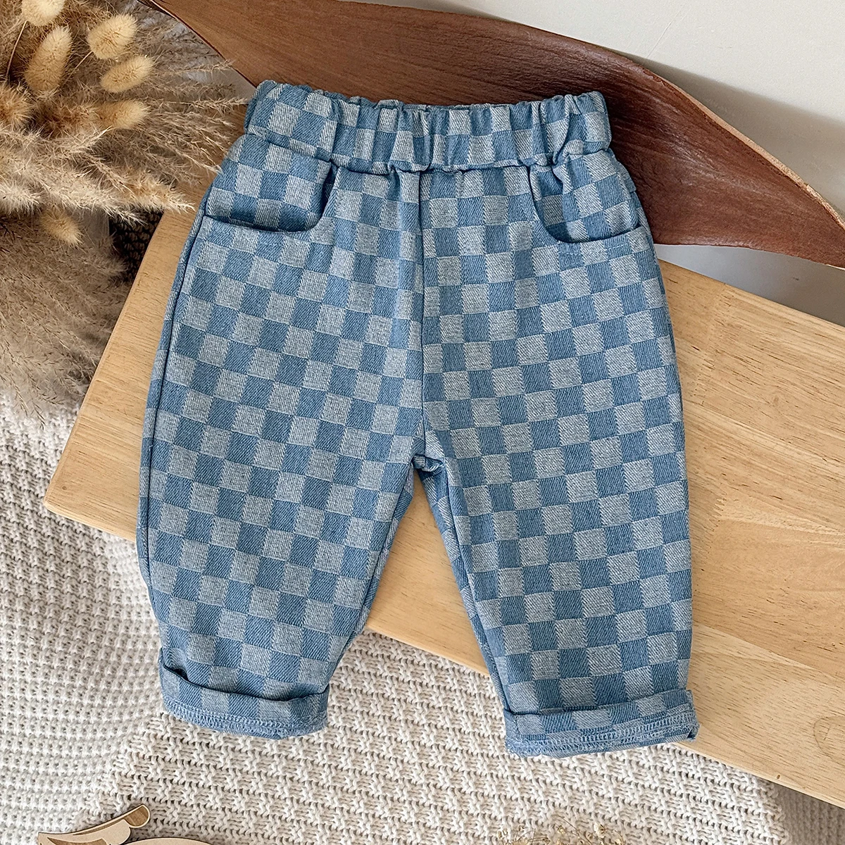 Baby Checkered Pants Toddler Elastic Waist Blue Plaid Trousers Infant Casual Loose Bottoms with Side Pockets