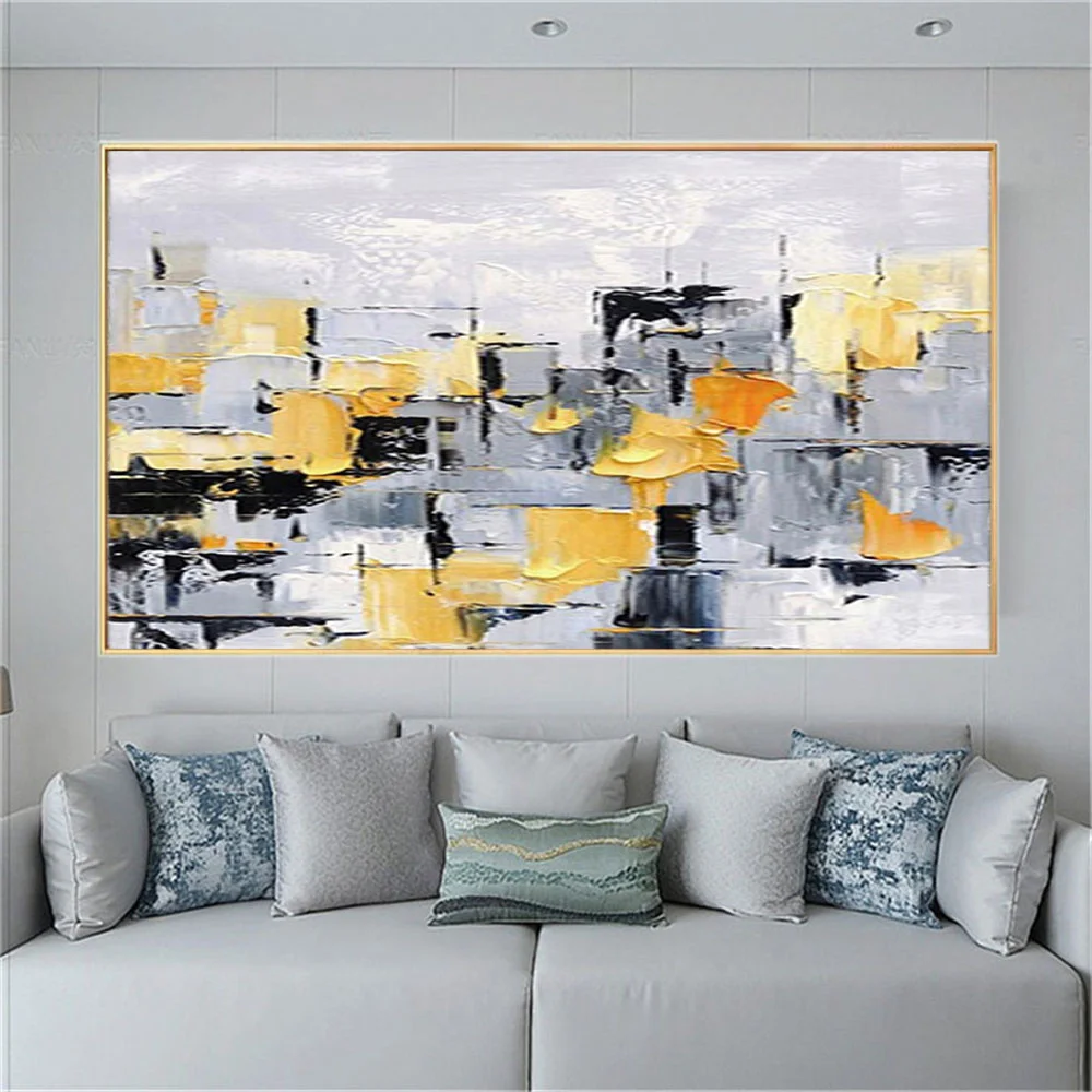 Nordic Abstract Knife Thick Scraper Texture Wall Paint Decor Indoor Handmade Canvas Artwork Yellow Oil Paintings For Sofa Back