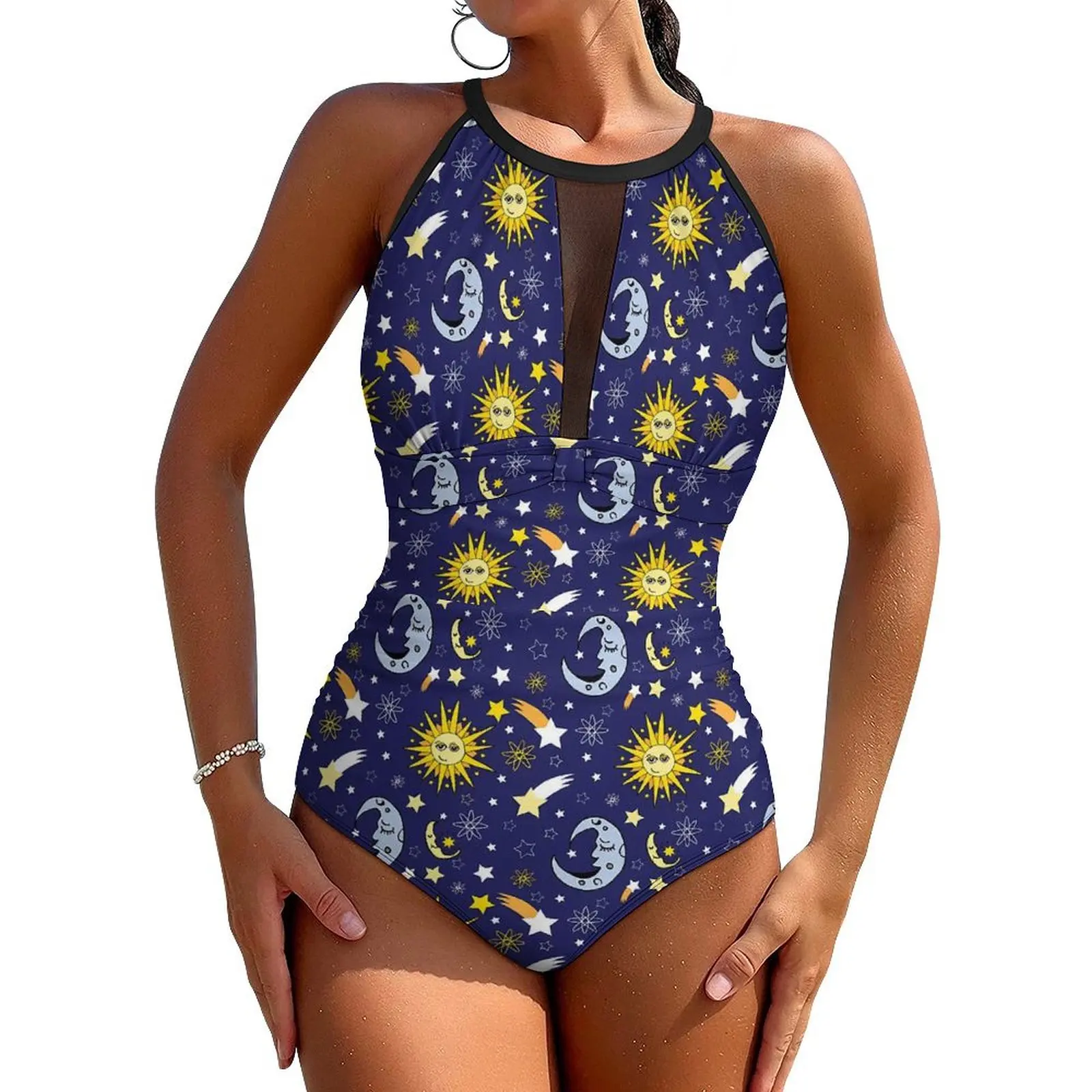 

Sun And Moon Swimsuit Sexy Celestial Astrology One Piece Swimwear Push Up Bodysuit Vintage Vacation Bath Beach Outfits