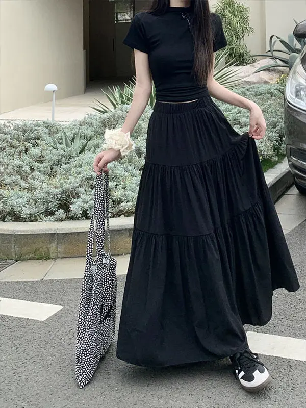 Elegant A-Line Cake Skirt High Waist Slimming Hip Covering Spring Autumn Long Midi Gown Fairy Skirt Korean Style Knitted Dress