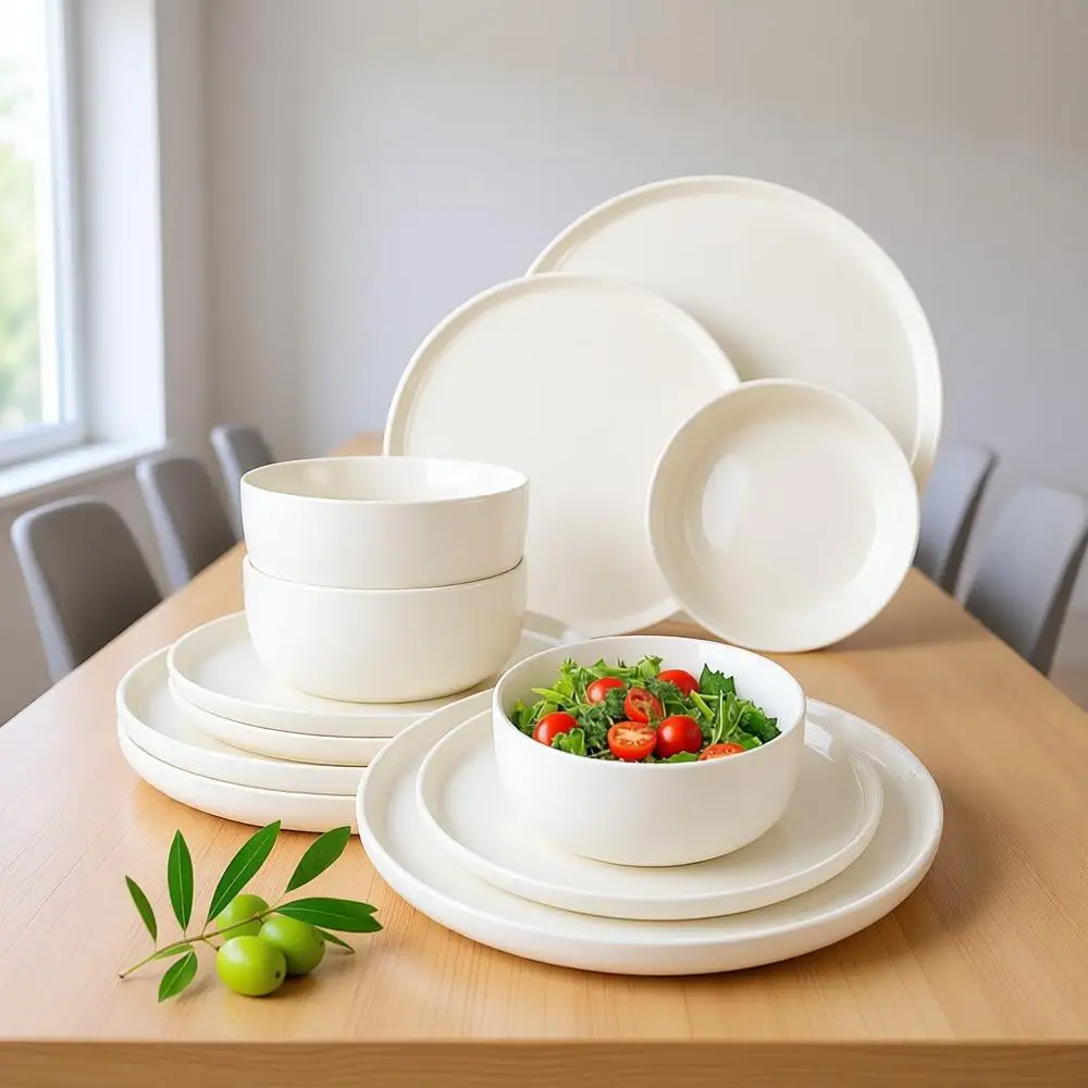 

Наборы посуды, 4 или 12 предметов: тарелки и миски из каменной керамики, можно мыть в посудомоечной машине и использовать в микроволновой печи