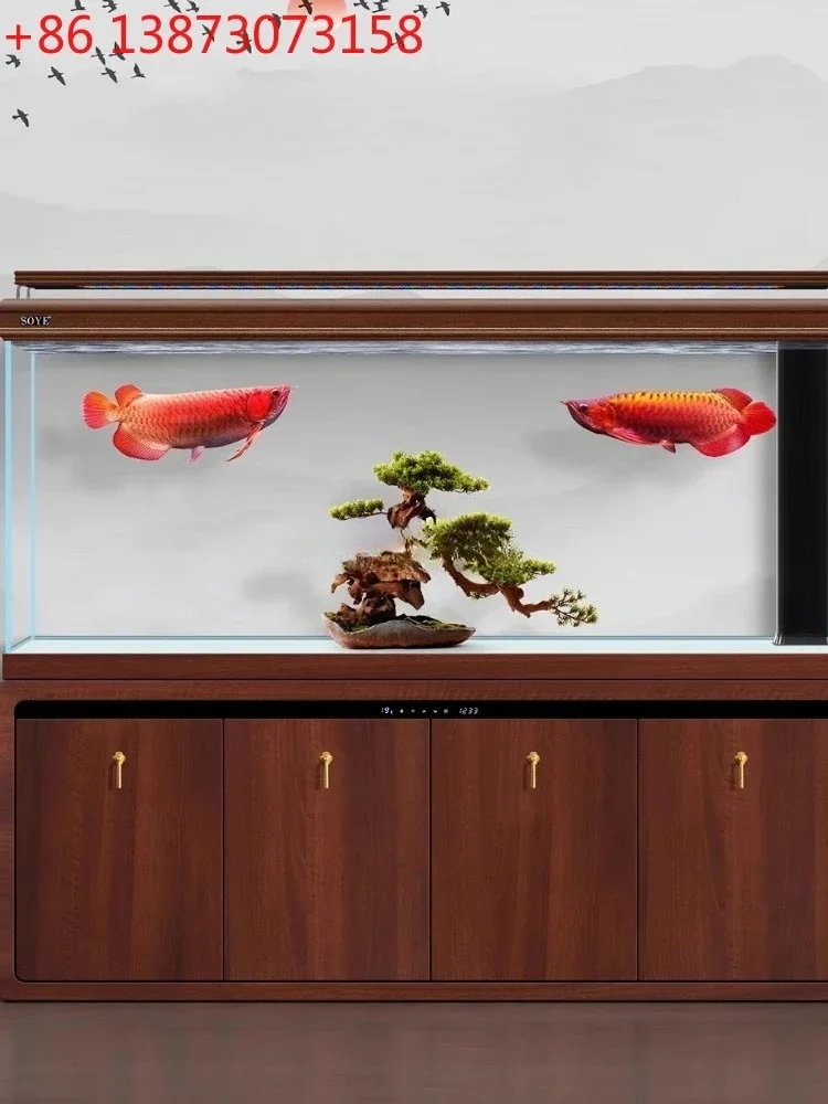 09Living room large ultra-white aquarium solid wood bottom filter screen floor-to-ceiling Chinese home