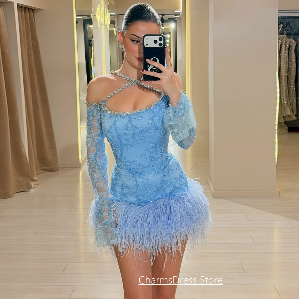 Maßgeschneidertes Cocktailkleid, sexy, mit Kristallen, dünnen Trägern, langen Ärmeln, Federn, Perlenstickerei, Spitze, Mini-Partykleid, Heimkehrkleider