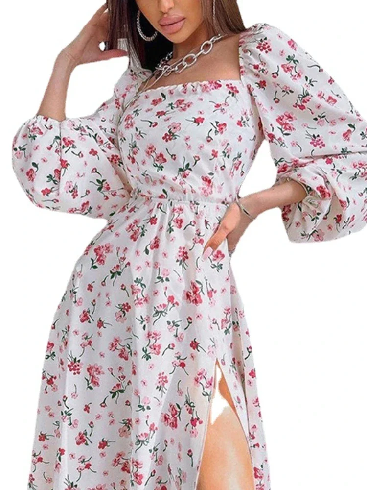 Autumn  European and American Women's Clothing Cross-border Temperament Elegant Printed Lantern Sleeve Split-ended Dress Women