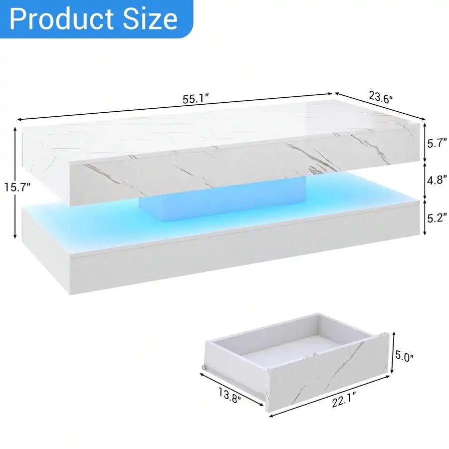 39/47inch Large High-Glossy LED Coffee Table With 2 Sliding Drawers, Living Room Storage Tables With Marbling Print, Modern Styl