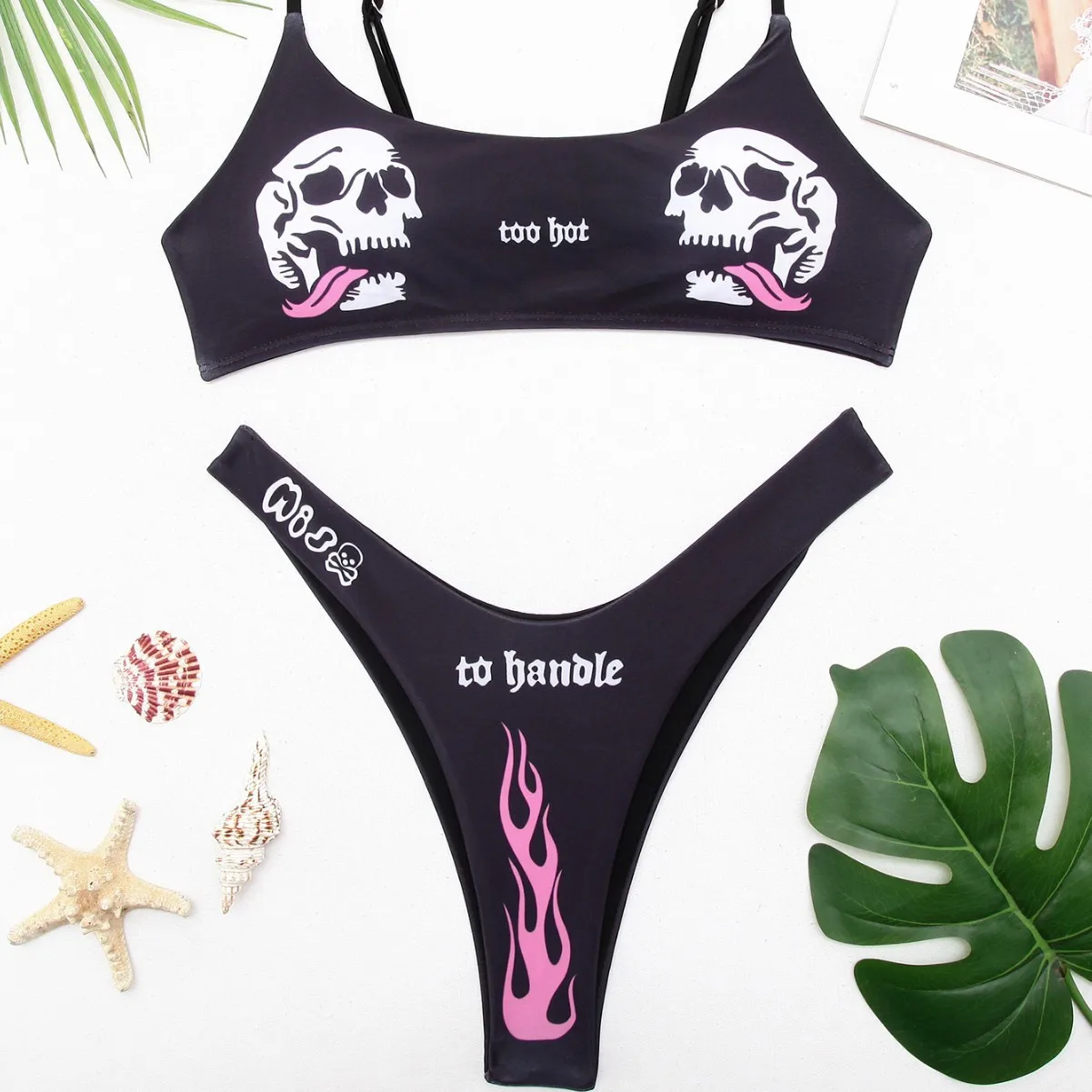 Punk Skull Flame Print Bikini Set Sexy Gothic Letter Graphic 2 Piece Swimsuit Low Waist Women Summer Beach Swimwear