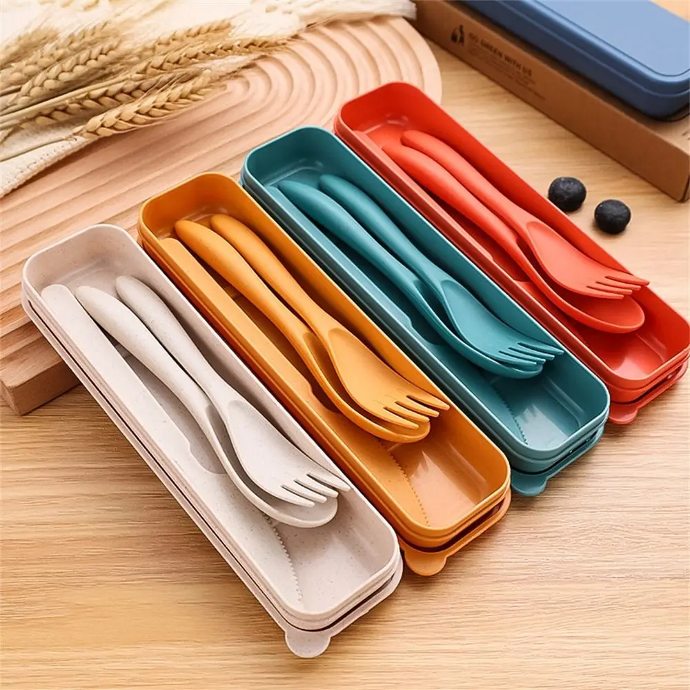 

Wheat Straw Camping Utensil Set Portable With Case Reusable Travel Utensils Ultralight 3 In 1 Camping Spoon Fork Tableware