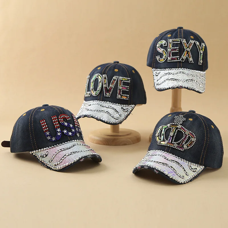 

Женские роскошные джинсовые бейсболки со стразами LOVE SEXY с буквенным узором, мужская крутая уникальная шляпа Snapback для улицы