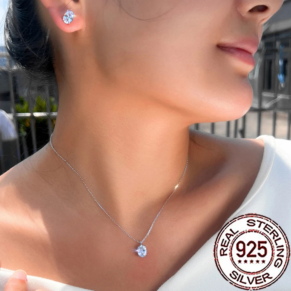 QooLady 925 فضة لامعة مكعب الزركون كبير البيضاوي أقراط قلادة مجموعات للنساء الزفاف ديكور مجوهرات اكسسوارات ST046