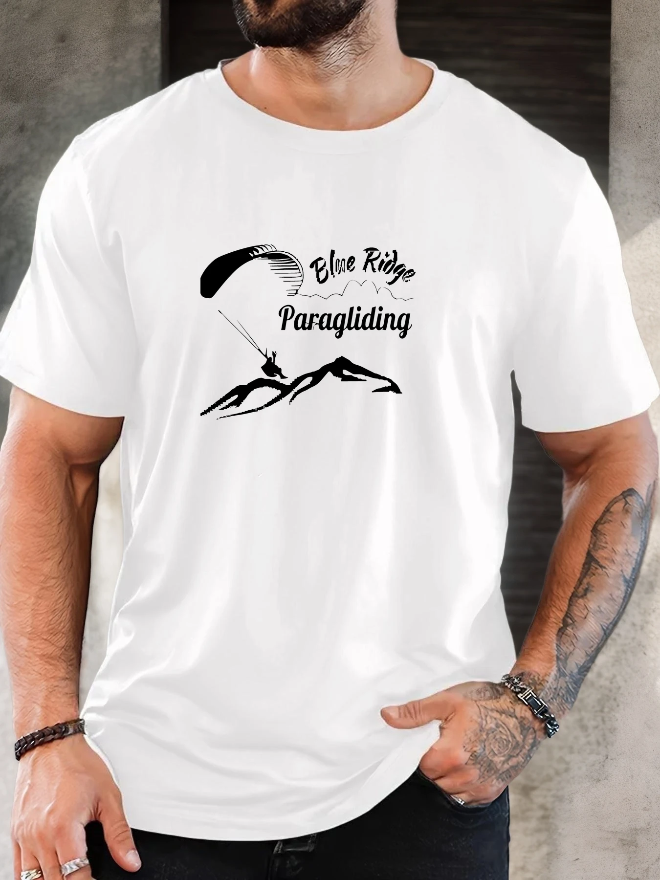Men White Crew Neck Tee Blue Ridge Paragliding Handwritten Font Mountain Glider Sketch Extreme Sport Soft Cotton Male Short Tops