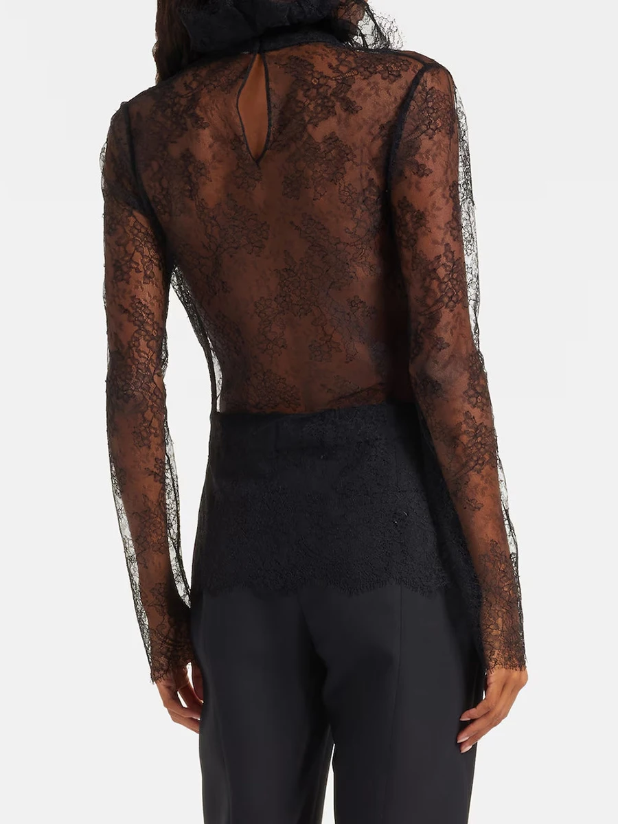 VGH Sexy Vintage solide dentelle minceur Blouses pour les femmes col montant à manches longues printemps tempérament chemises femme mode Style