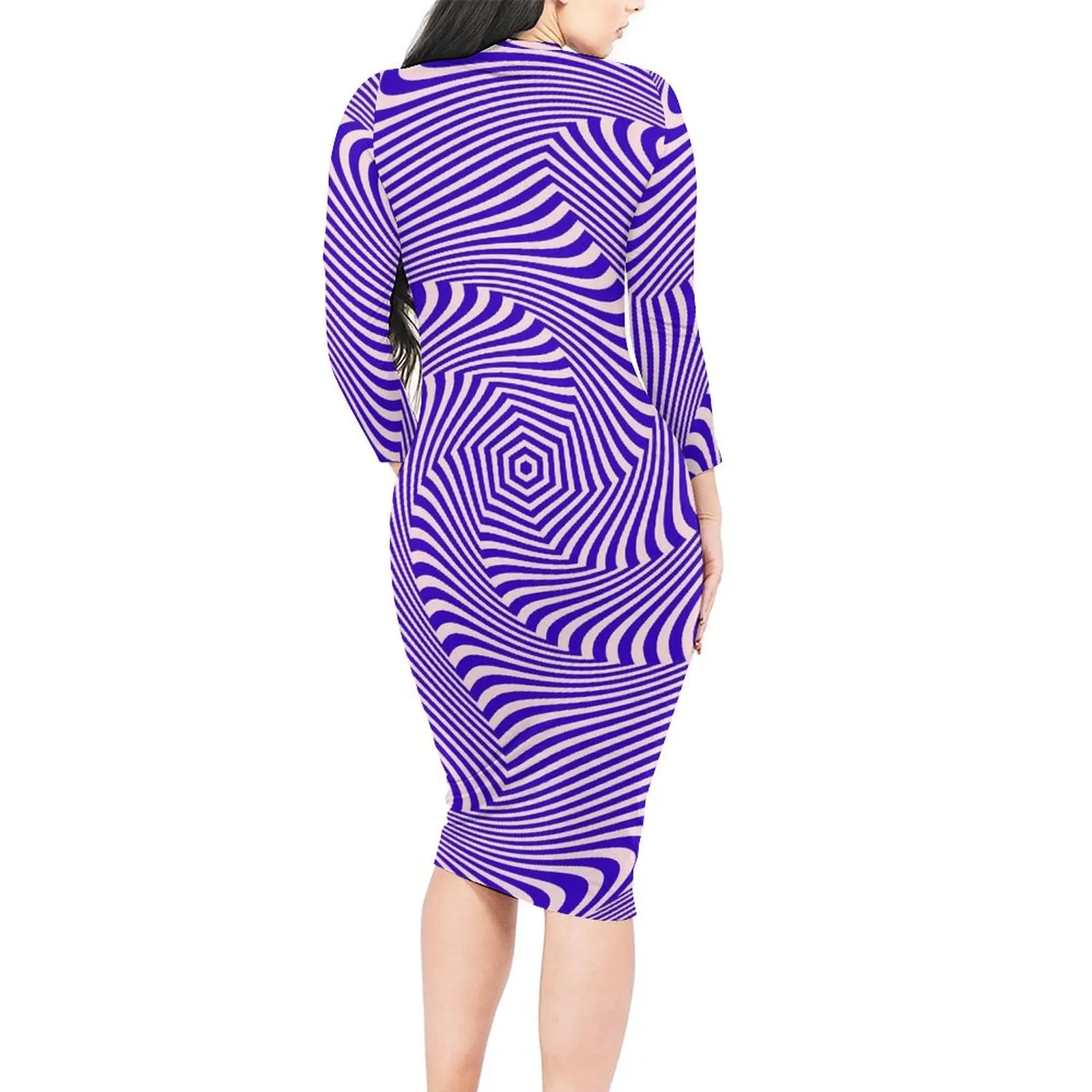 Purple Curve Bodycon Dress Autumn Swirl Lines Print Club Dresses Female Long Sleeve Graphic Streetwear Dress 3XL 4XL 5XL