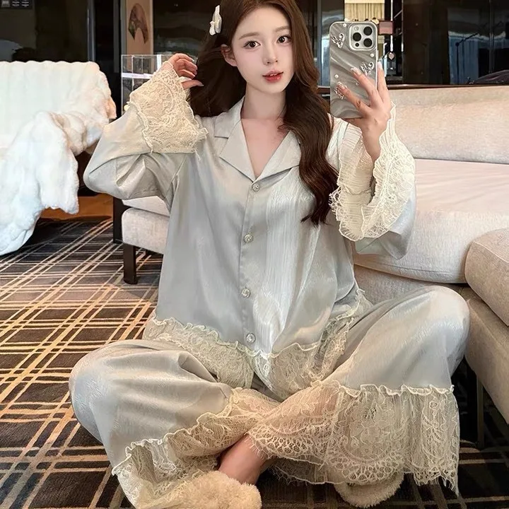 French satin new style temperament ice lace lace lace silk light luxury pajamas women's home clothes can be worn outside sweet