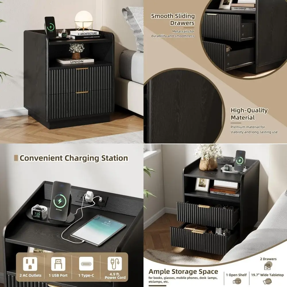 

Современная деревянная тумбочка с 2 ящиками, 19,7 дюйма и зарядной полкой