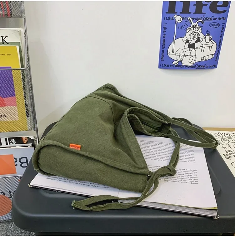 Studente grande capacità tela tessile Ita verde sopra la borsa a tracolla estetica Y2K tessuto Grunge corea elegante scuola libro Leptop Bag