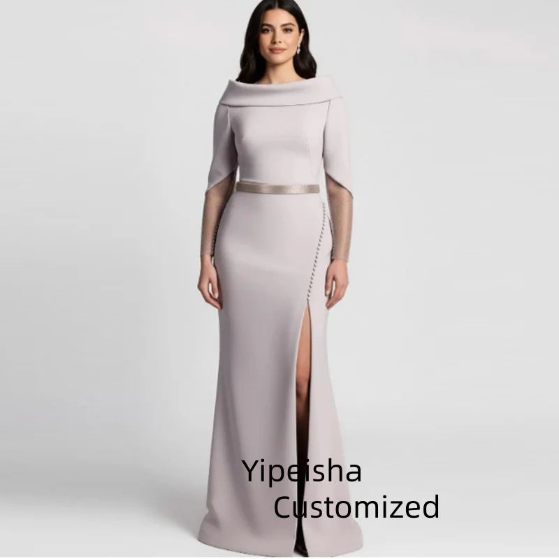 

Customized Gorgeous And Elegant High Slit Dinner Long-sleeved Prom Dress Dubai Luxury Evening Party Dress Plus Size