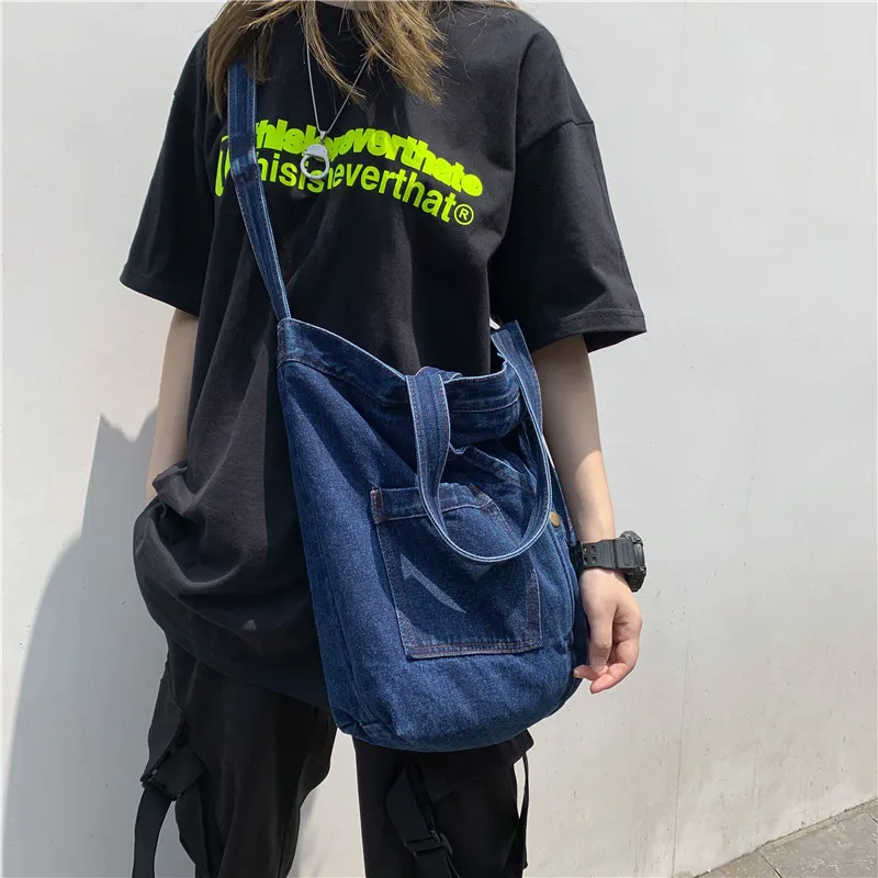 Korean Denim Cloth Women Shoulder Bag Girl Light Blue Canvas Fabric Handbag Crossbody Bag Casual Tote Detachable Strap Schoolbag