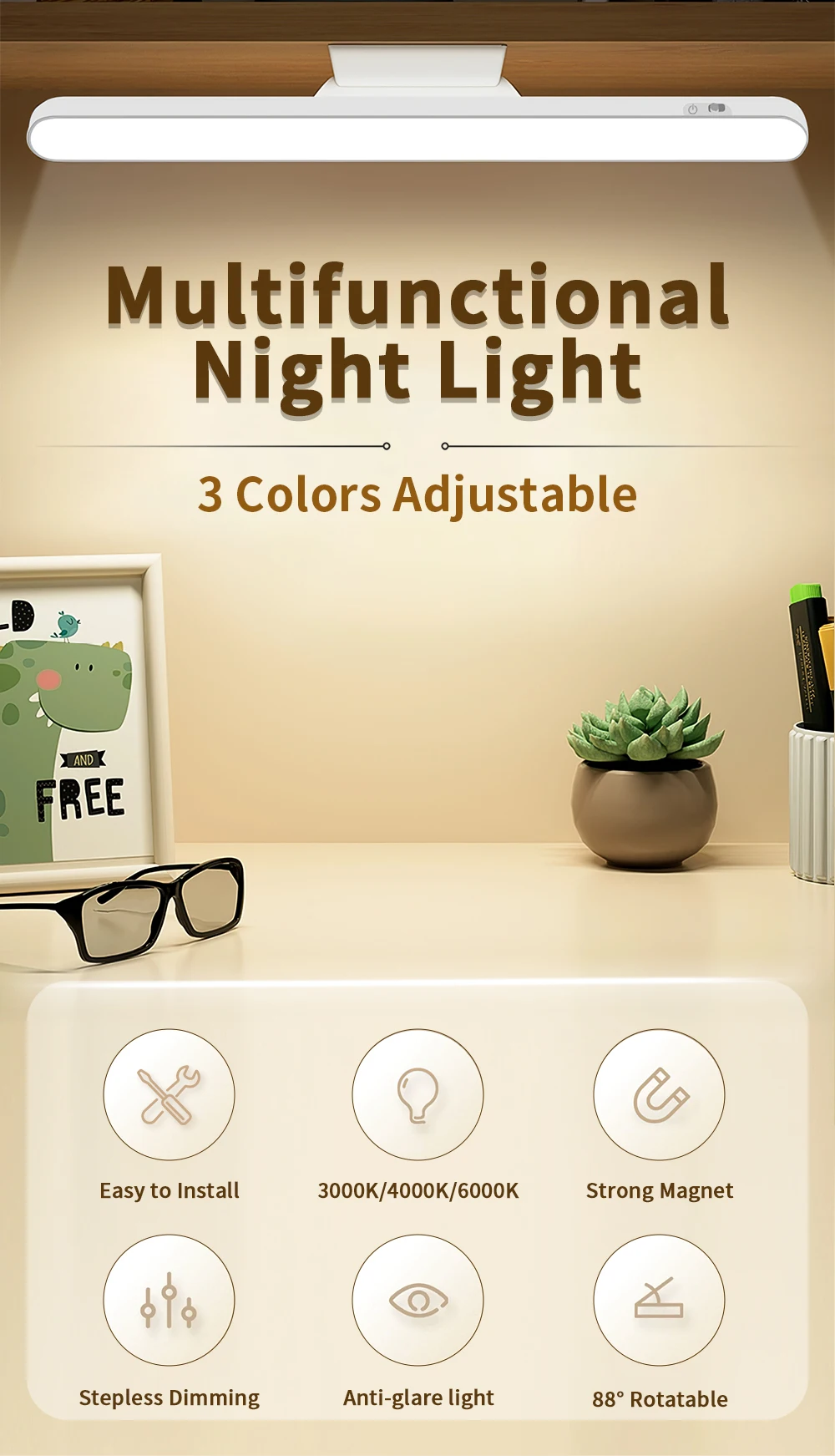LED Desk Lamp Hanging Magnetic Stepless Dimming LED Night Light USB Rechargeable Bedroom Light Cabinet Closet Reading Night Lamp