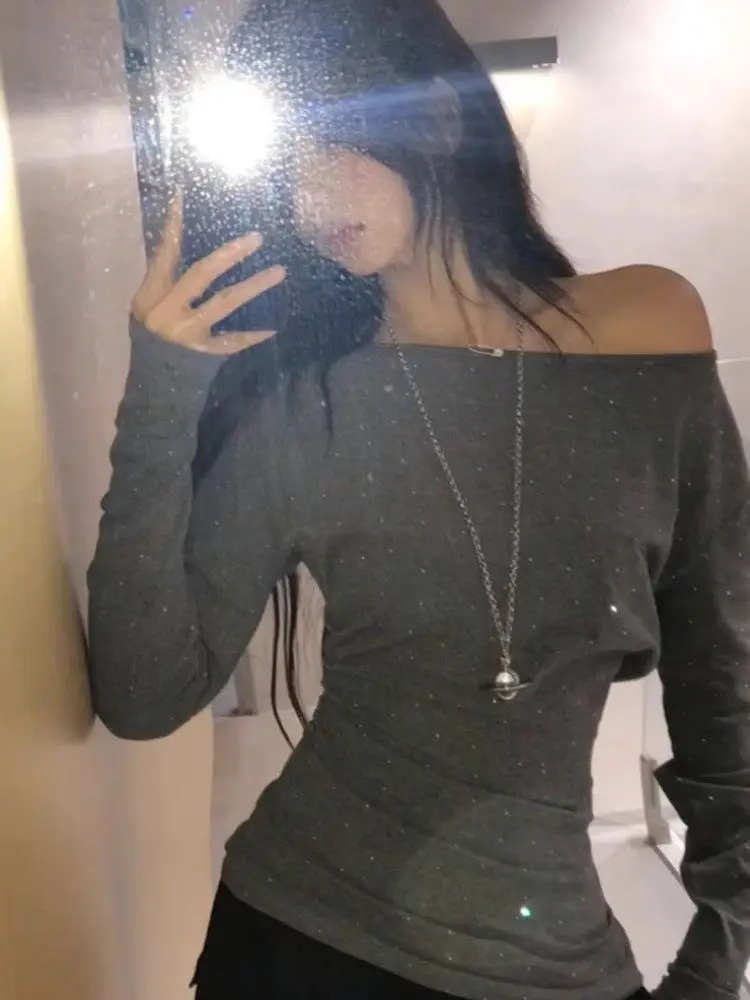 

Осенние футболки с косым воротником в стиле Харадзюку, готический винтажный топ для женщин, облегающая повседневная футболка Y2k, Camisetas