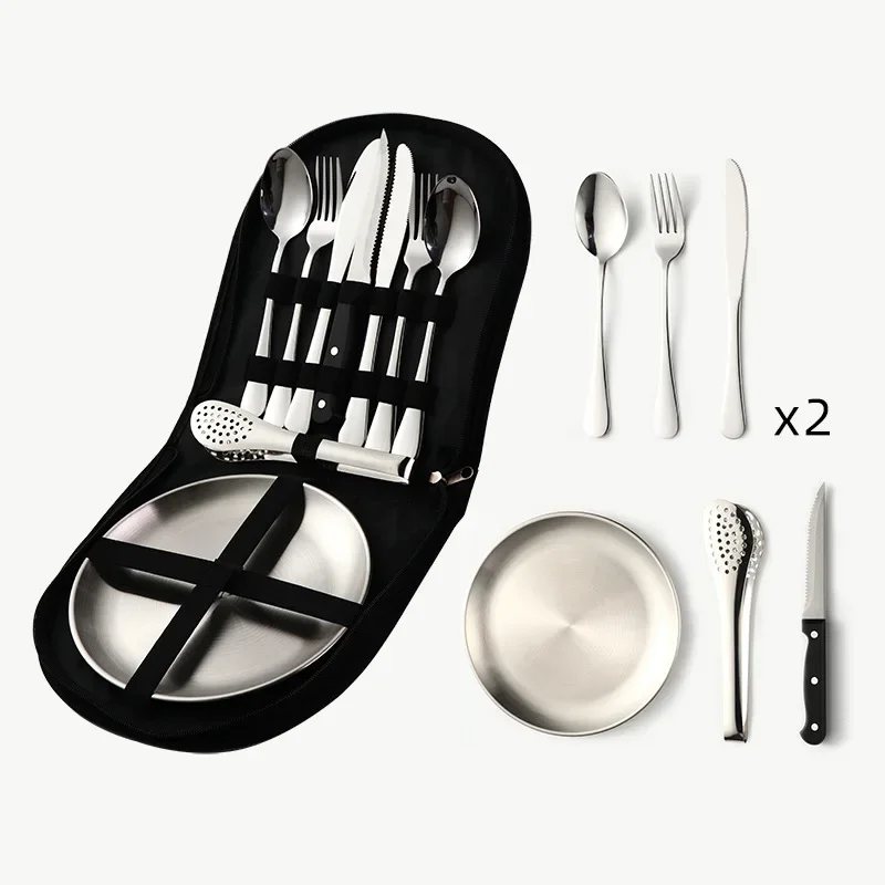 

Outdoor Picnic Stainless Steel Tableware Travel Camping Barbecue Plate Clip Steak Knife Fork Spoon Set Portable Storage Bag