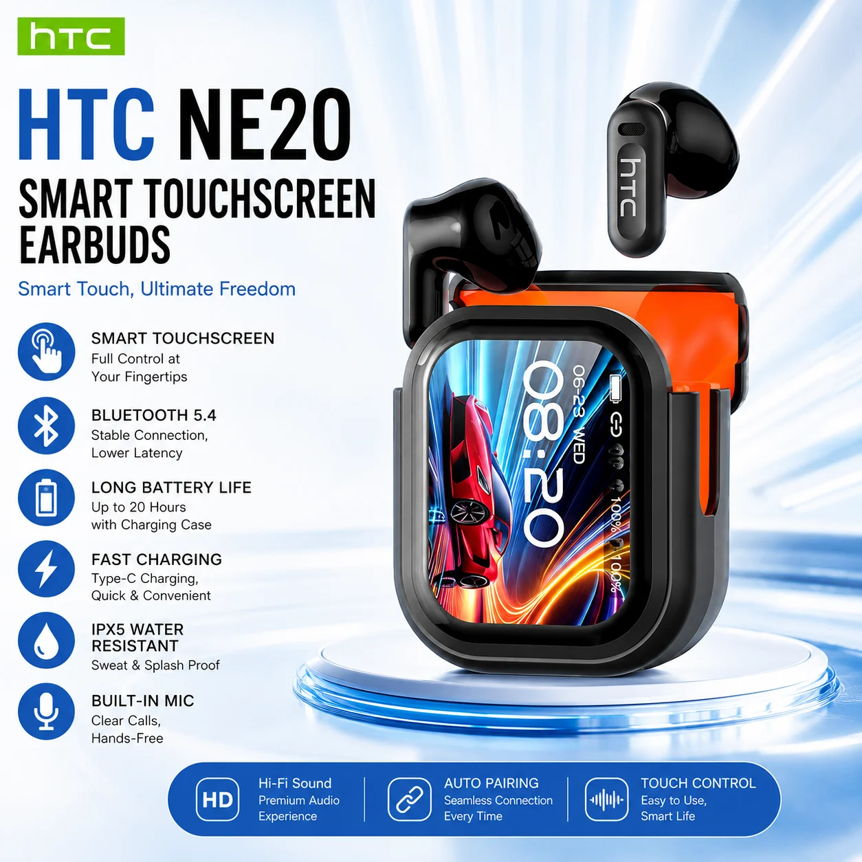 Écouteurs Bluetooth 6.0 HTC NE20 TWS avec écran tactile LCD intelligent, traduction IA en temps réel, réduction de bruit ENC, audio HiFi pour le sport