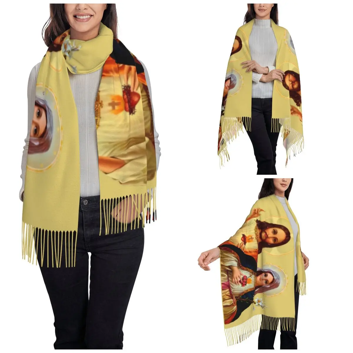 Sacred And Immaculate Heart Of Jesus And Mary Scarf for Women Warm Winter Pashmina Shawl Wrap Long Scarves with Tassel Ladies