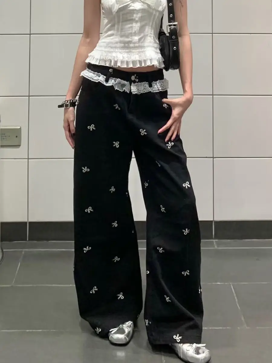 

Large Size Sweet Spicy Girl Lace Trim Casual Pants Women's Loose Wide Leg Straight Cut Trousers Early Autumn New Knot