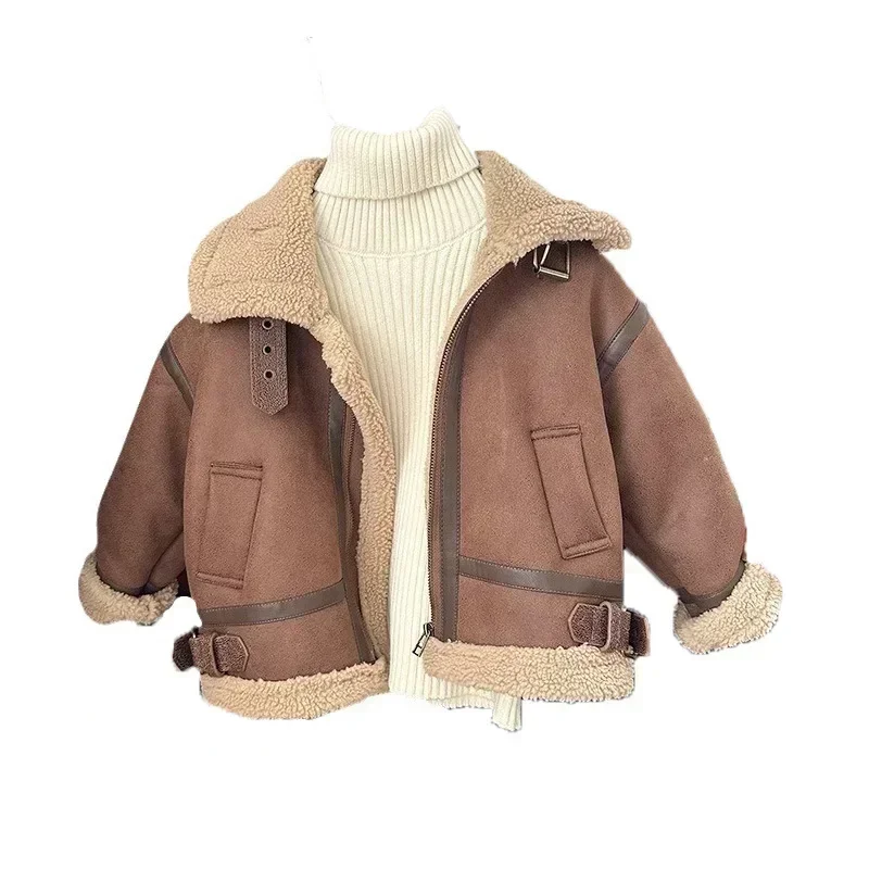 Cashmere Leather Jacket Winter Keep Warm Boys Jacket Thick Lining with Plush Fur Collar Hooded Heavy Coat for Kids Girls Coats