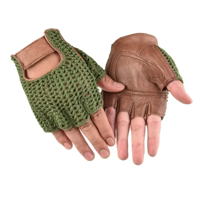 Leather Mesh Fingerless Gloves Motocross Fishnet Car Driving Tactical Gloves Motorcycle Accessories Work Cycling Men's Gloves