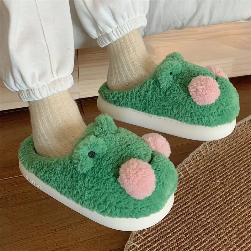 Cute Cartoon Frog Cotton Slippers for Couples Winter Warm Anti-slip Soft Fur Thick Sole Indoor Home Floor Slides for Men And Wom