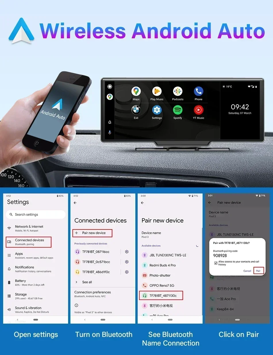 Srnubi 10,26" Dash Cam Rearview Wireless Carplay & Android Aut 4K DVR Navigation Player Dual Len Recorder Dashboard WIFI 5.0BT – Detail 7
