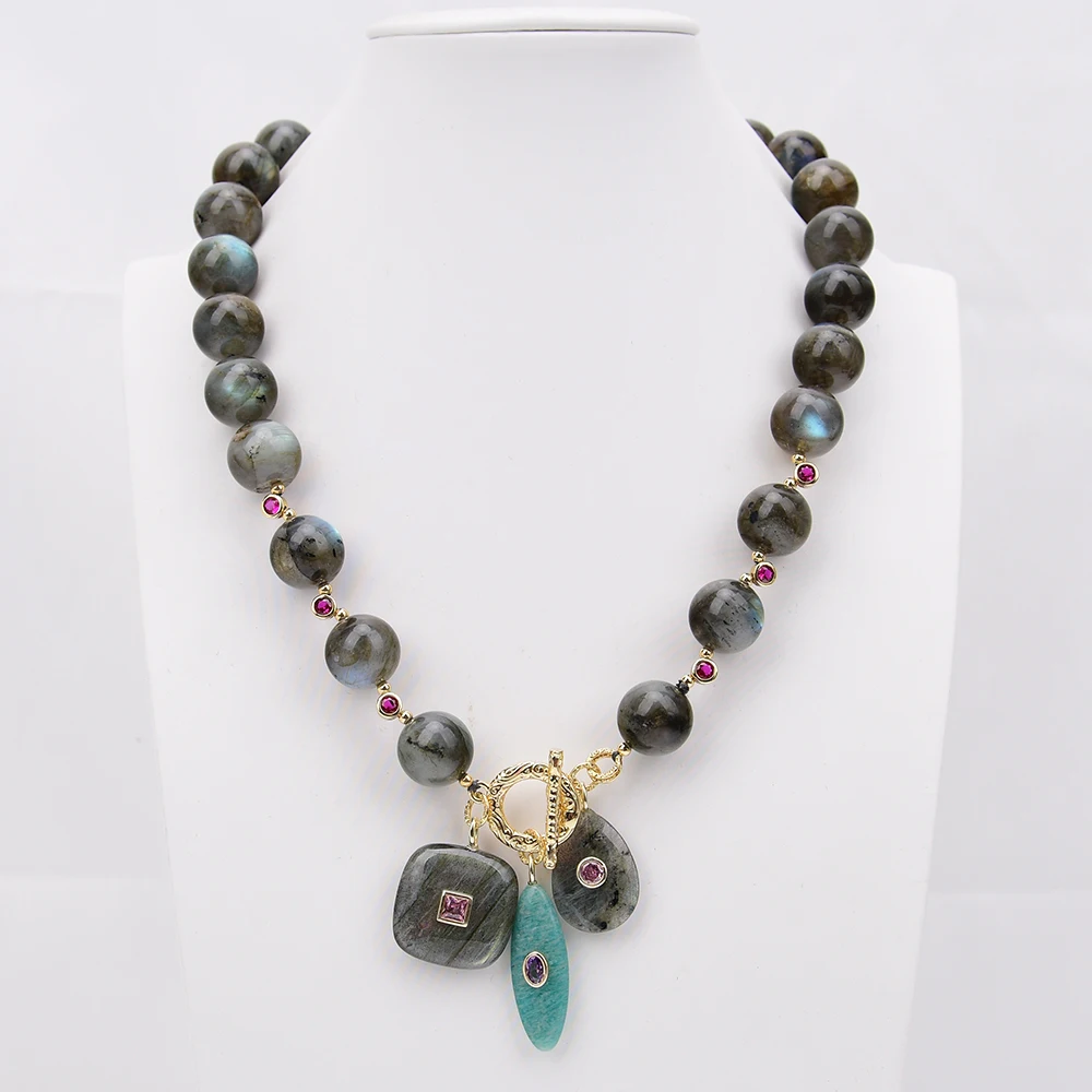 G-G Natural Mix Gray Labradorite Round Beads Rose Zircon Necklace Gems Amazonite Pendant