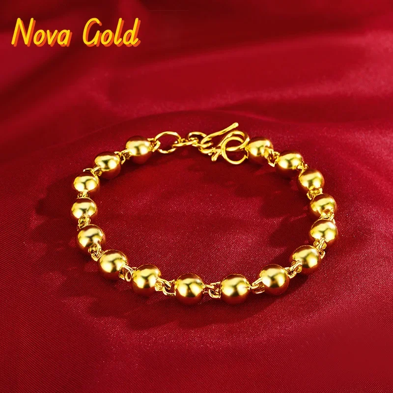 NovaGlod Premium 9999 gold bead bracelet 24K real gold women's smooth solid round beads one lamp one sand bracelet girlfriend je