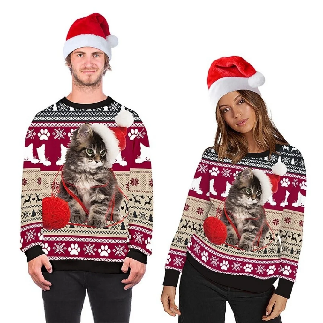 Christmas Pattern Sweatshirts for Men Funny Cute Animal 3D Print Top Autumn Long Sleeve Round Neck Hoodies Long Sleeves Pullover