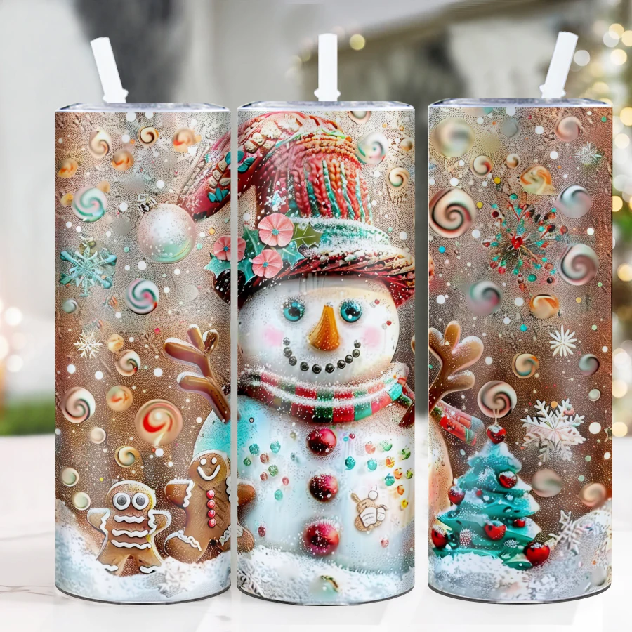 Vaso con tapa de paja delgada de 20oz, botella aislada con estampado 3D de muñeco de nieve de Navidad, botella de bebida divertida, vaso de Navidad, decoraciones para fiestas, 1 pieza