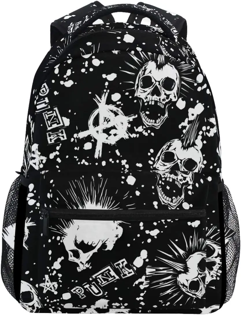 White Punk Skull Mohawk Hair Black Vintage Backpacks Bookbags Daypack Travel School College Bag for Womens Girls Mens Boys Teens