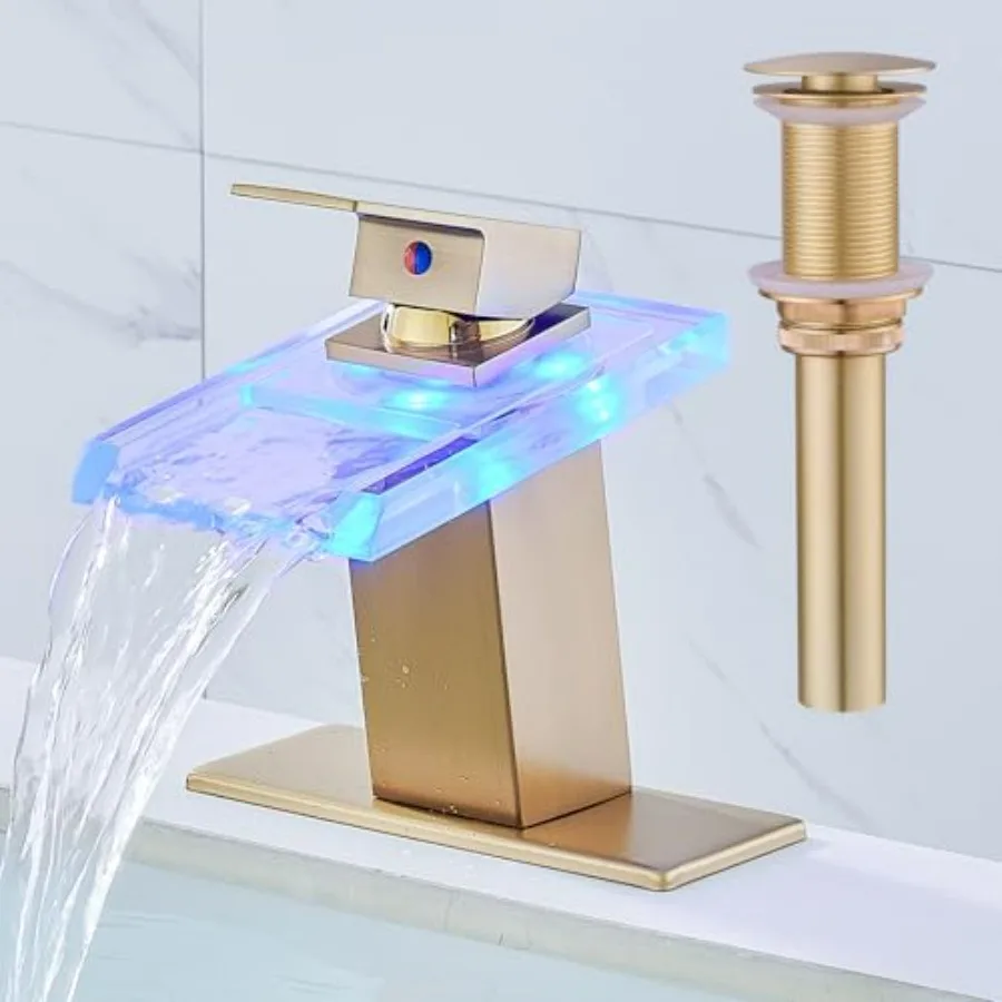 

Bathroom sink faucet with brushed gold finish LED waterfall spout single-hole installation metal pop-up drain and dual water su
