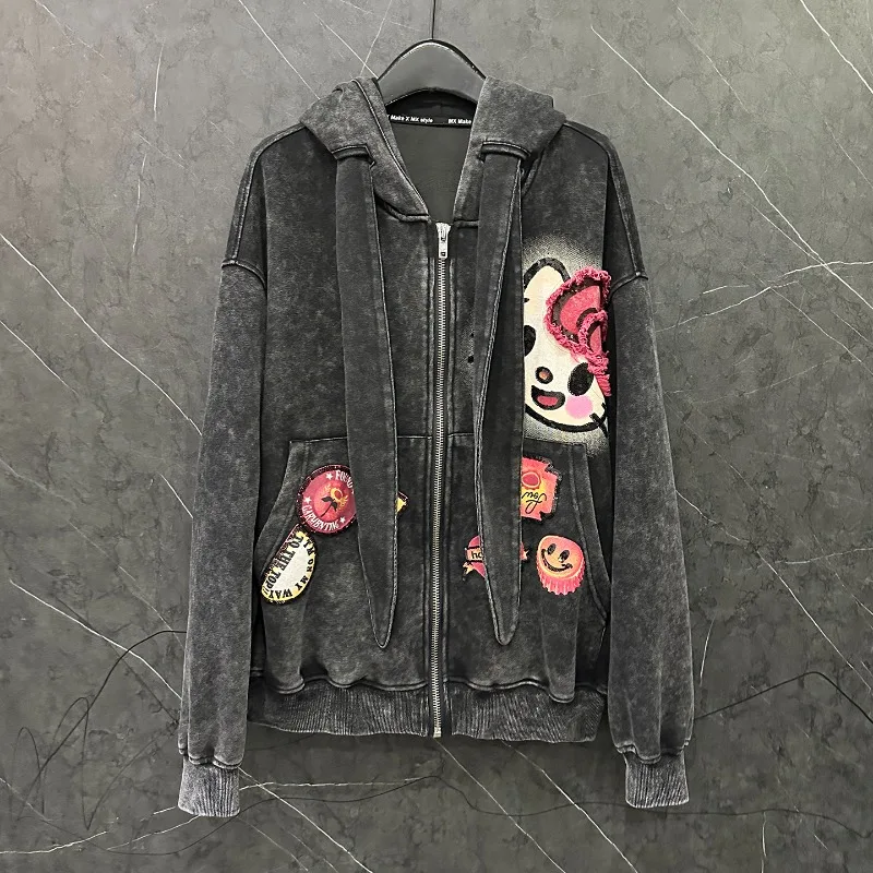 2025 Autumn Heavy Industry New Cartoon Hooded Cardigan Sweatshirt Jacket For Women's Loose Casual Age-Reducing Zipper Top Hoodie