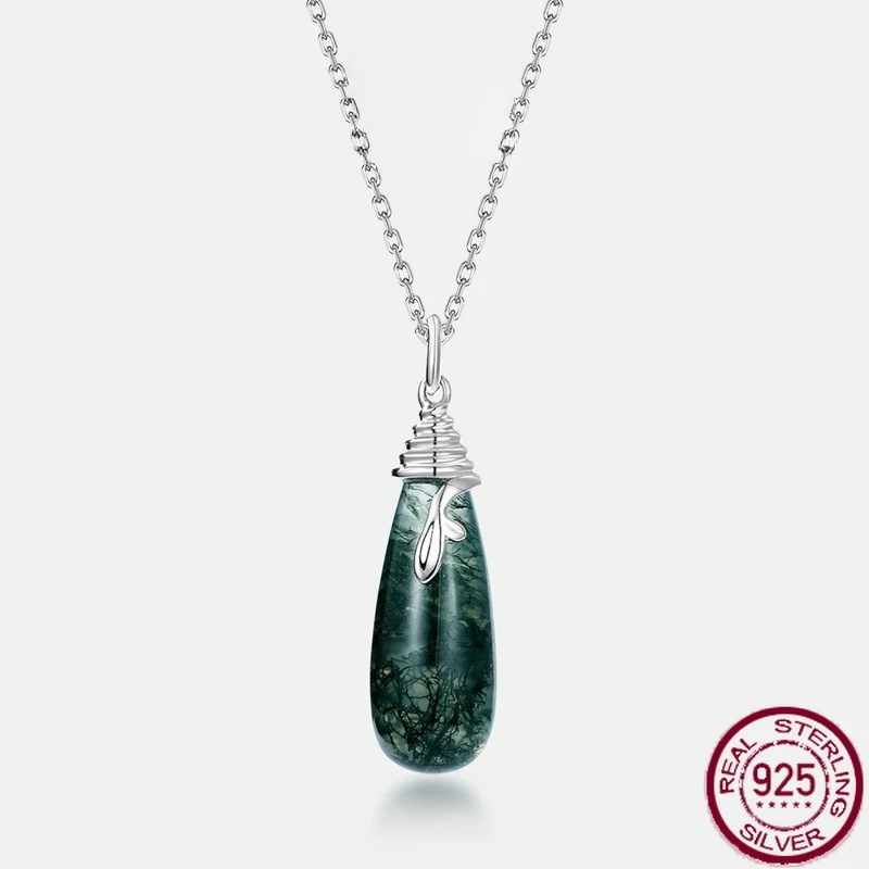 

New S925 pure silver atmospheric simple water droplet natural water grass agate inlaid with green moss necklace wedding jewelry