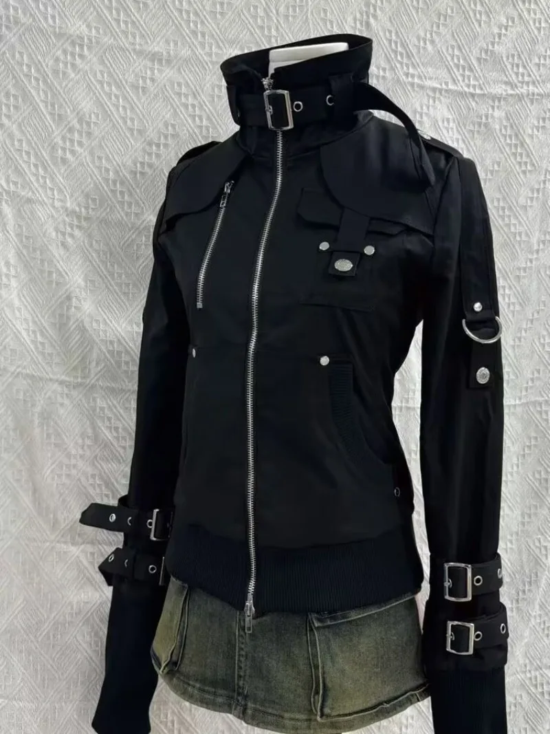 Retro Gothic Style Jackets for Women Japanese Cool Black Stand Up Collar Motorcycle Jackets 2025 Autumn New Harajuku Clothes