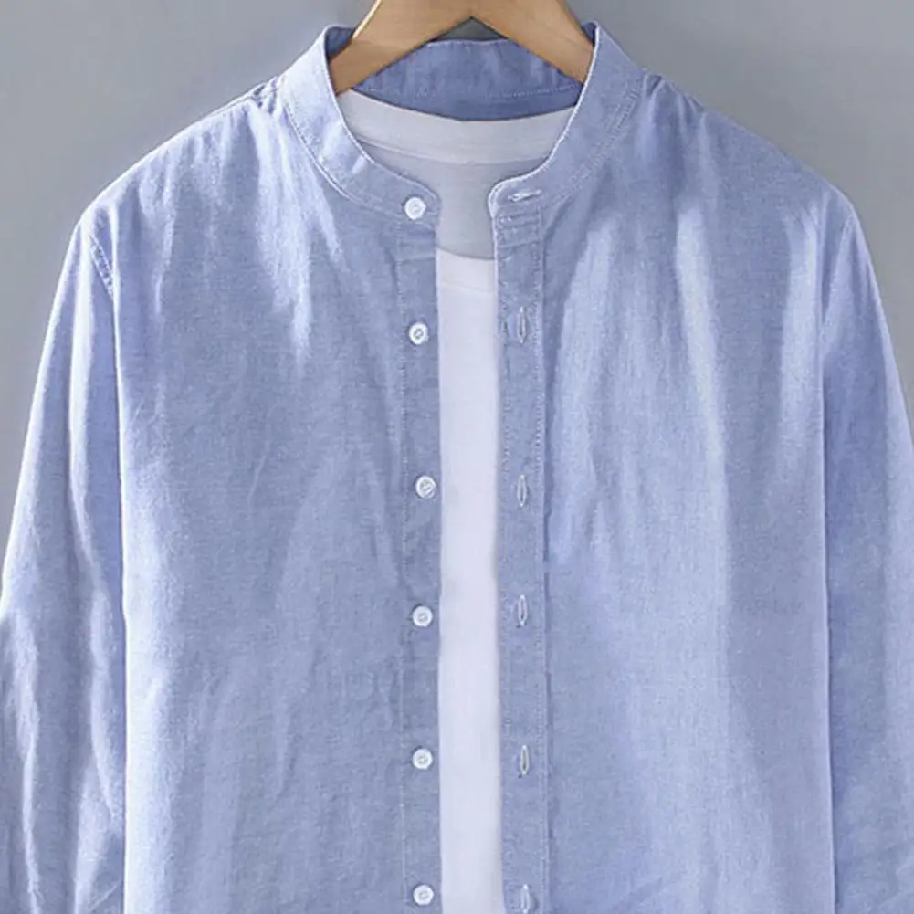 Lino uomo primavera ed estate colletto alla coreana manica lunga camicia da uomo alla moda camicia di lino di cotone per uomo camicie da vacanza Vintage