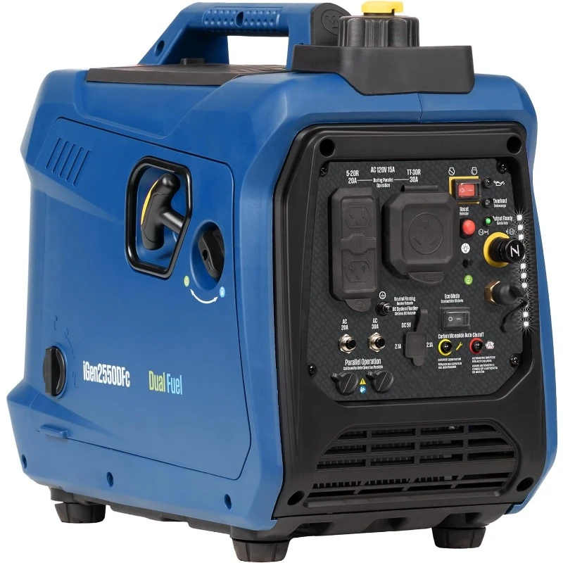 

2550 Peak Watt Super Quiet & Lightweight Portable Inverter Generator, RV Ready 30A Outlet, Gas and Propane Powered, CO Sensor