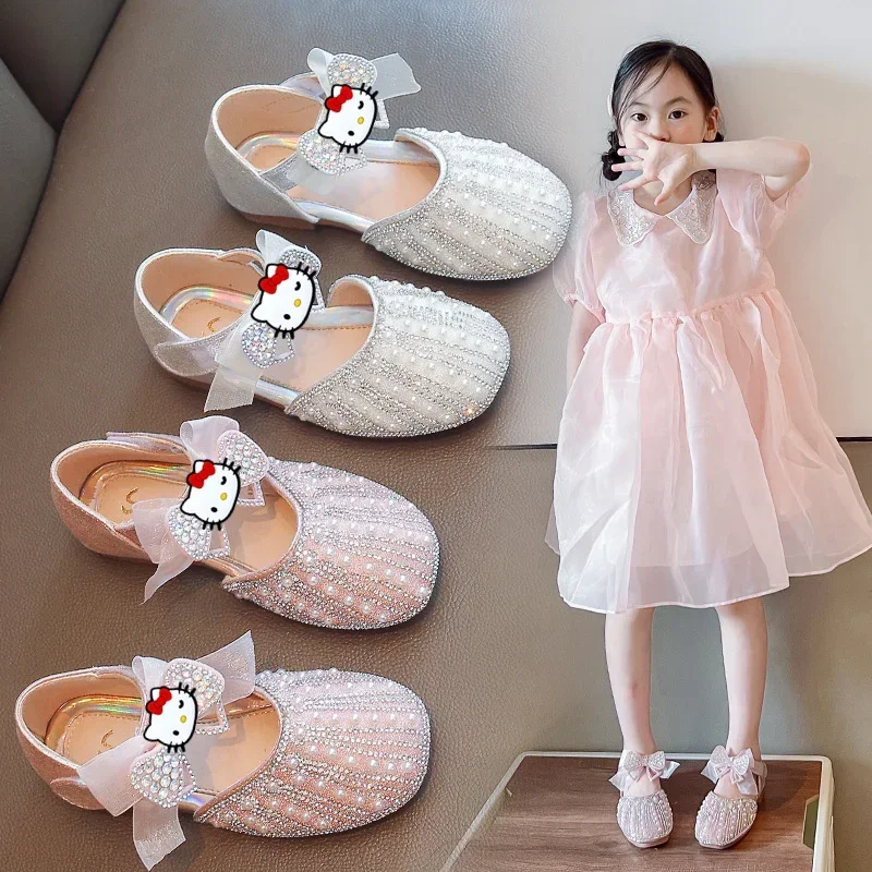 Sanrio hello kitty girls princess shoes new children pearl leather shoes summer sandals crystal shoes baby Dancing