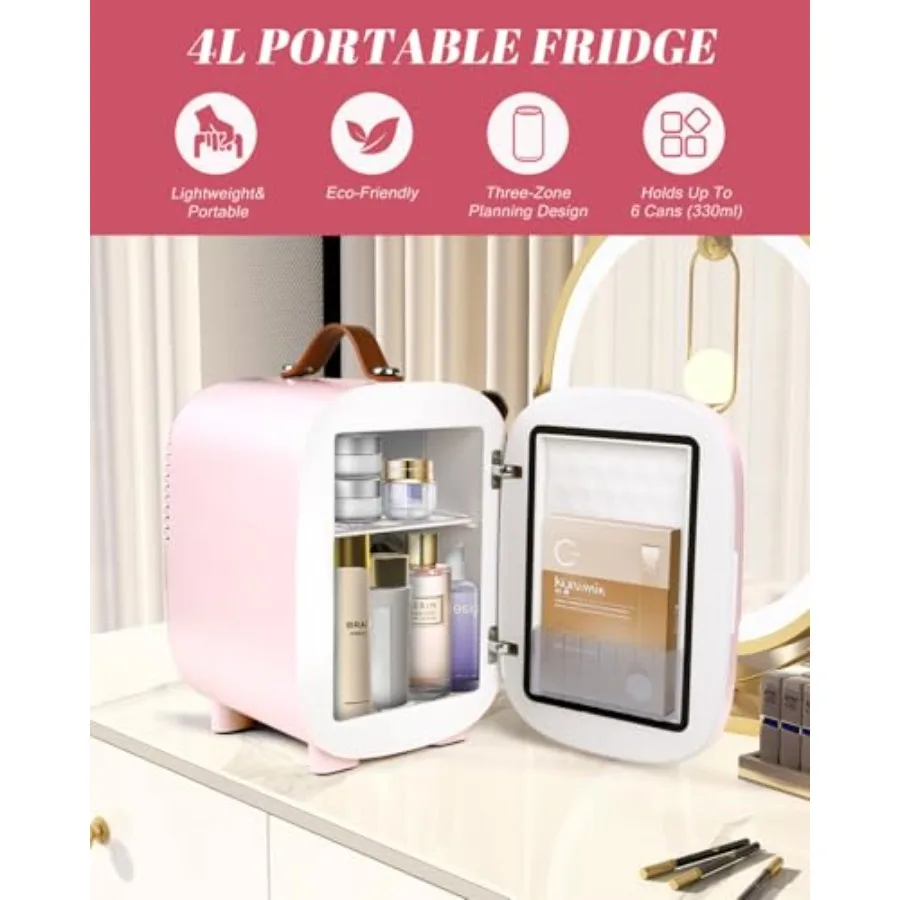 Portable 4L Pink Mini Fridge for Bedroom and Dorm with LED Mirror 12V AC/DC Cooler and Warmer Ideal for Drinks Makeup Storage O