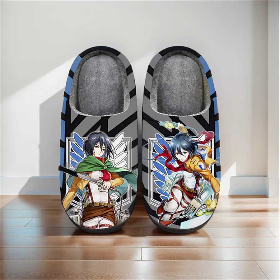 

Anime Cartoon Home Slippers Attack on Titan Mikasa Ackerman Winter Warm Slippers For Man Woman Boy Girl Unisex Halloween Gift