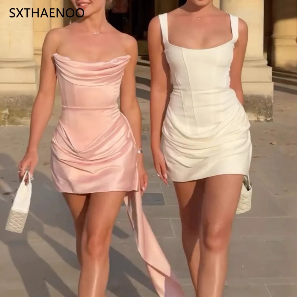 SXTHAENOO Sexy backless Slip Folds Dress Women Elegant Birthday Party Dresses Woman Bodycon Evening Short Dresses Vestidos