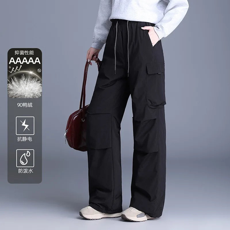 Calça feminina 90% pato branco para baixo, à prova de vento, cintura alta, térmica, bolsos de inverno, carga, caminhadas ao ar livre, PT-660