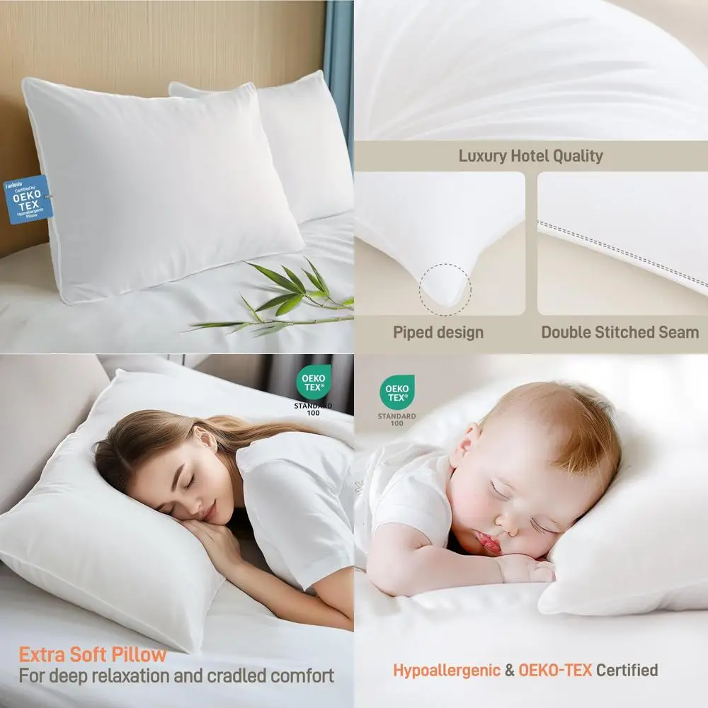 

Hypoallergenic Bamboo Viscose Pillowcases, Standard/Queen Size, Set of 2, Down Alternative, Oeko-Tex Certified